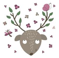 Vector hand drawn flat deer muzzle with big antlers, flowers, butterfly. Funny scene with woodland animal. Cute forest animalistic illustration for print, stationery
