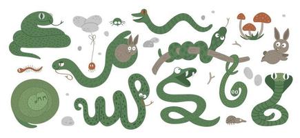 Vector set of cartoon style hand drawn flat funny snakes in different poses. Cute illustration of woodland animals for children design. Forest serpents picture