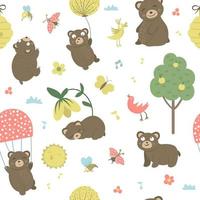 Vector seamless pattern of cartoon style hand drawn flat bears in different poses. Repeat background of funny scenes with Teddy. Cute illustration of woodland animals for children design, print