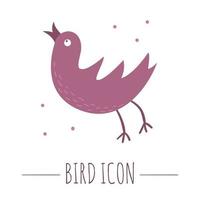 Vector hand drawn flat purple flying bird. Funny woodland animal icon. Cute forest animalistic illustration for children design, print, stationery