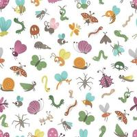 Vector seamless pattern with hand drawn flat funny insects. Cute repeat background with bugs. Sweet creepy-crawly ornament for children design, print.