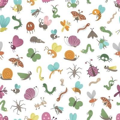 Vector seamless pattern with hand drawn flat funny insects. Cute repeat background with bugs. Sweet creepy-crawly ornament for children design, print.