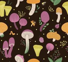 Vector seamless pattern of flat funny mushrooms with berries, leaves and insects. Autumn repeating background for children design. Cute fungi illustration on black backdrop