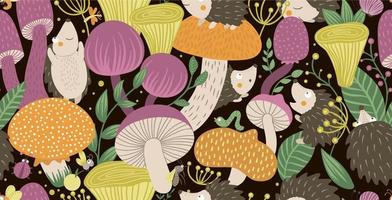 Vector seamless pattern of flat funny mushrooms with hedgehogs, berries, and insects. Autumn repeating background for children design. Cute fungi illustration on black backdrop