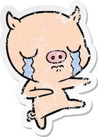 distressed sticker of a cartoon pig crying vector