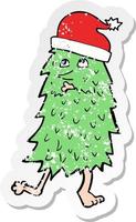 retro distressed sticker of a cartoon christmas tree dancing vector