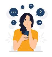 Thinking woman feeling confused holding mobile phone with question mark looking up with thoughtful focused expression concept illustration vector