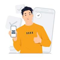 Smiling man holding mobile smart phone standing and showing thumbs up positive gesture. Ok sign concept illustration vector