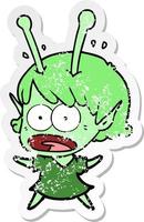 distressed sticker of a cartoon shocked alien girl vector