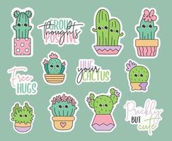 Cute vector stickers pack of kawaii doodles cactus in pots. Baby cacti kids illustration in cartoon style. Succulents gardening homeplants.