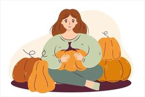 Autumn cute lady with pumpkin. Woman sitting and holding pumpkin. Cozy fall vector illustration for Happy Thanksgiving or Halloween. Harvest farm character girl with agriculture vegetables. Isolated