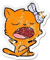 distressed sticker of a cartoon yawning cat vector