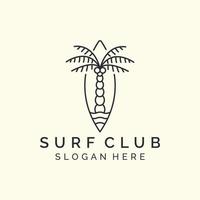 club de surf con emblema y diseño de plantilla de icono de logotipo de estilo de arte de línea. palmera, ola, ilustración de vector de playa