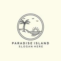 paradise island with emblem and line art style logo icon template design. palm tree, wave, beach, sun, bird vector illustration