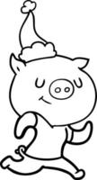 happy line drawing of a pig running wearing santa hat vector