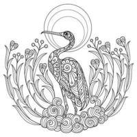 Crane and moon hand drawn for adult coloring book vector