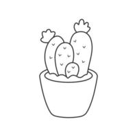 Cute cactus in pot. Cactus in black linear drawing style. Vector illustration isolated on white background