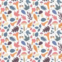 Seamless autumn pattern of different leaves and mushrooms on a white background in extraordinary palette. For textile, wrapper, background. vector