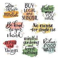 Set of handwritten brush calligraphy phrases about mindfulness, zero-waste, local and seasonal food - for journals, web banners, stickers, posters. vector