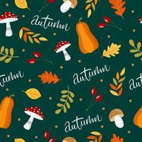 Seamless autumn pattern with mushrooms, pumpkins and leaves on a dark green background. vector