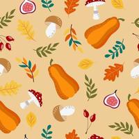 Seamless autumn pattern with mushrooms, pumpkins, fig and leaves on a warm beige background. vector