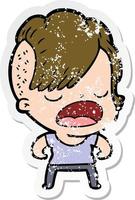 distressed sticker of a cartoon cool hipster girl talking vector