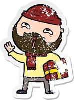 distressed sticker of a cartoon happy bearded man vector