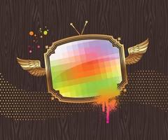 Multicolored TV screen in vintage golden winged frame on a dark wood background vector