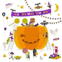 Halloween vector illustration. Group of active halloween characters around a giant pumpkin.