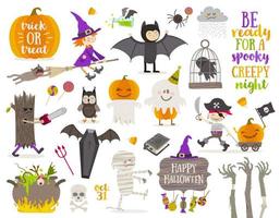 Set of halloween sign, symbol, objects, items and cartoon characters. Vector illustration.