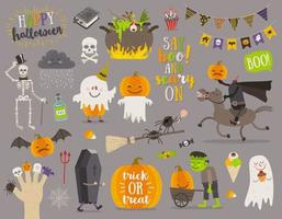 conjunto de signos, símbolos, objetos, artículos y personajes de dibujos animados de halloween. ilustración vectorial vector