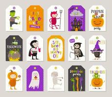 Set of Halloween gift tags and labels with cartoon characters, greetings, holiday sign and symbol. Vector illustration.