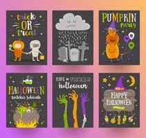 conjunto de carteles de halloween o tarjeta de felicitación con personajes de dibujos animados, signo de vacaciones, símbolos y diseño de tipos. ilustración vectorial vector
