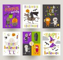 Set of Halloween posters or greeting card with cartoon characters, holiday sign, symbols and type design. Vector illustration.