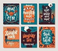 Set of Halloween holidays hand drawn posters or greeting card with handwritten calligraphy quotes, words and phrases. Vector illustration.