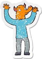 retro distressed sticker of a cartoon happy fox man vector