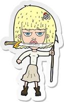 sticker of a cartoon woman with knife and harpoon vector