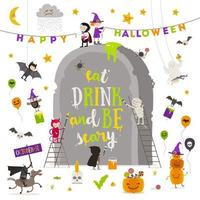 Halloween vector illustration. Group of active halloween characters around a giant tombstone.
