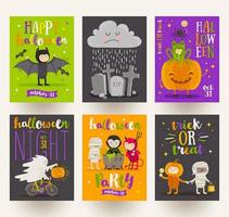 Set of Halloween posters or greeting card with cartoon characters, holiday sign, symbols and type design. Vector illustration.