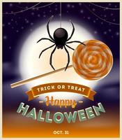 ilustración vectorial de Halloween: araña con caramelos de piruleta y diseño tipográfico contra un fondo de noche de luna llena vector