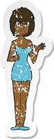 retro distressed sticker of a cartoon confused woman in cocktail dress vector