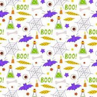 Funny seamless vector pattern with bats, spider webs and potions