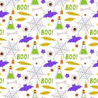 Funny seamless vector pattern with bats, spider webs and potions