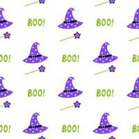 Cute seamless Halloween vector pattern with witch hats, magic wands