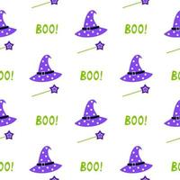 Cute seamless Halloween vector pattern with witch hats, magic wands