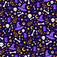 patrón de vector transparente en estilo de dibujos animados con elementos de halloween dibujados a mano