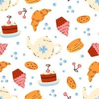 Funny food print with teacups, cakes and croissants vector