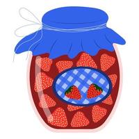 Jar of strawberry jam in cartoon style, vector isolated on a white background.