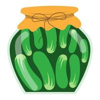 Jar of pickled cucumbers in cartoon style, vector isolated on a white background