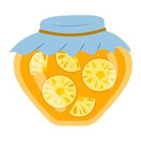 Jar of pineapple jam in cartoon style, vector isolated on a white background